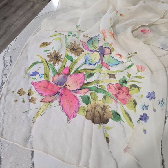 Vintage Floral Sheer Silk Scarf With Hand-Painted Orchid Design in Japan 16"x44" - Picture 6 of 15